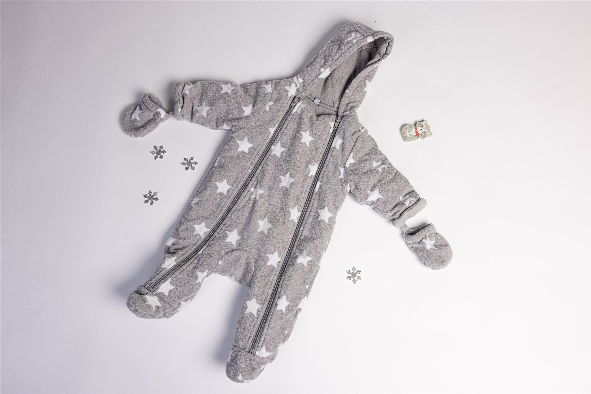 Grey star-print pramsuit with attached mittens