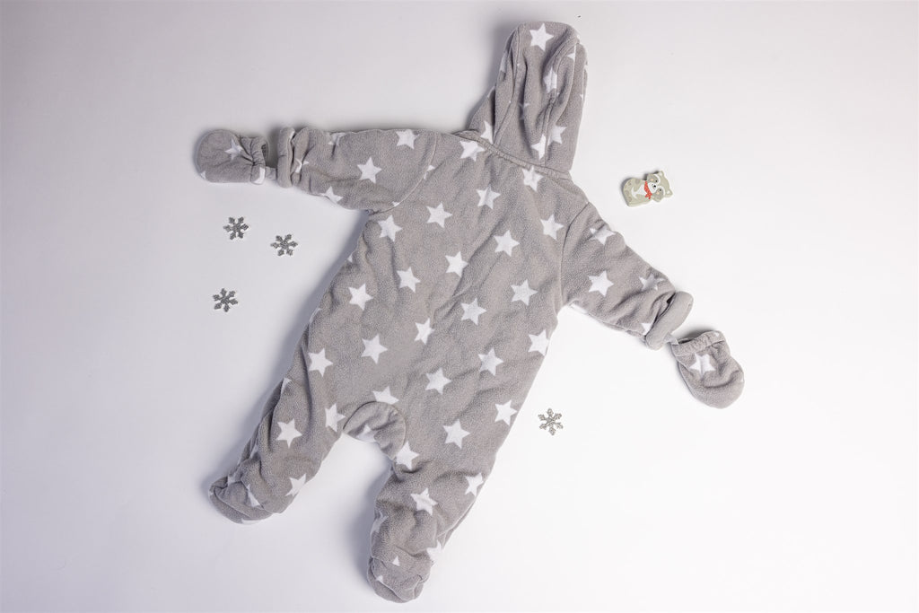 Grey star-print pramsuit with attached mittens