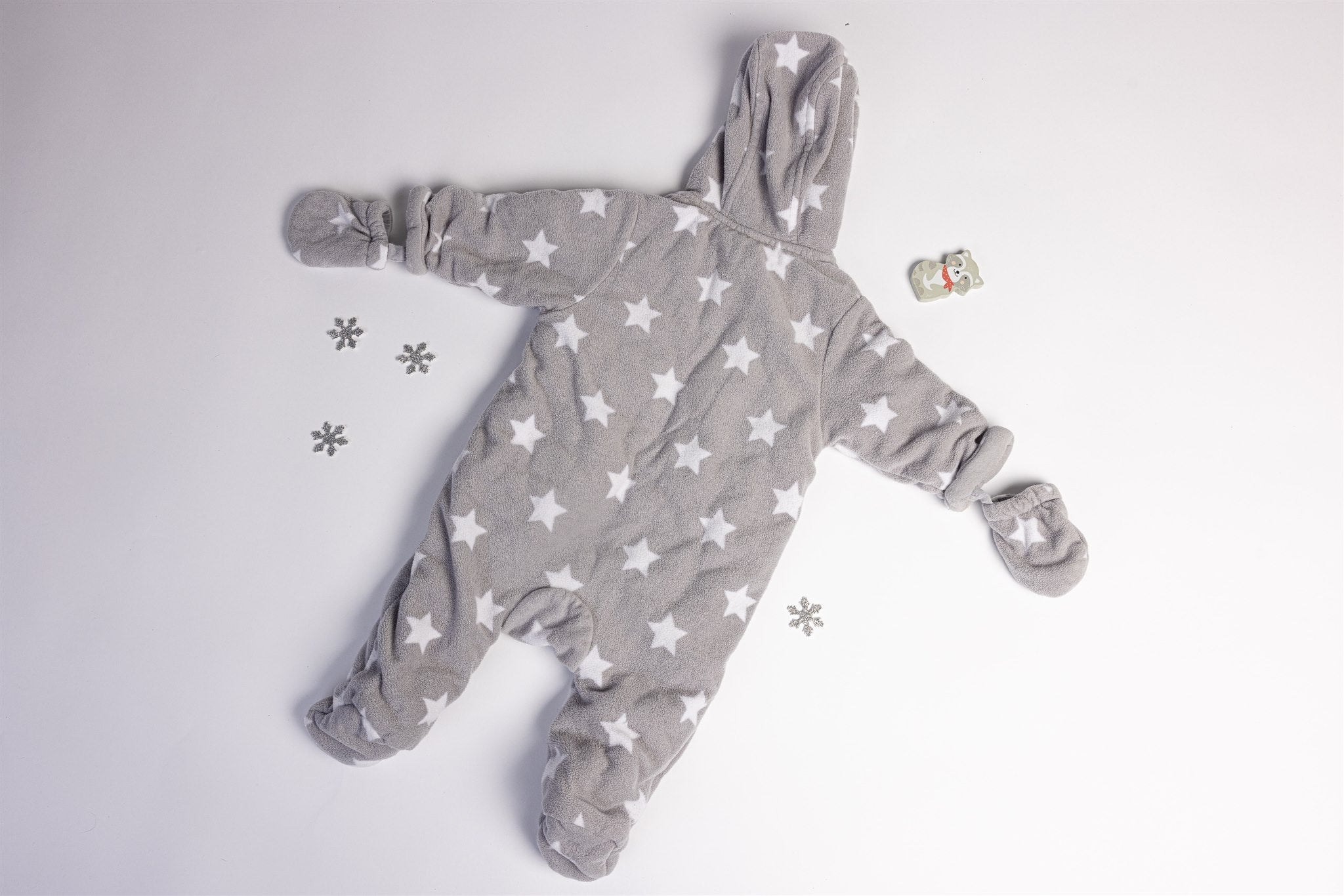 Grey star-print pramsuit with attached mittens