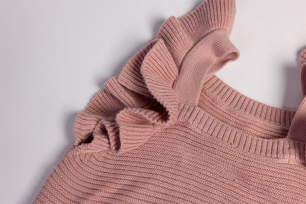 Knitted frill dungarees in dusty pink