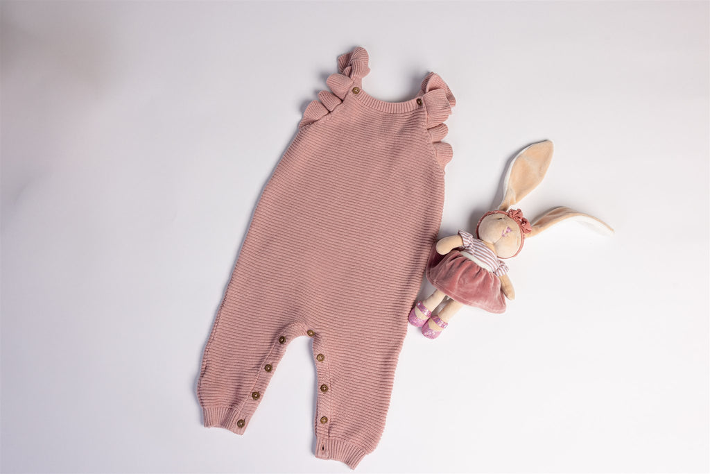 Knitted frill dungarees in dusty pink