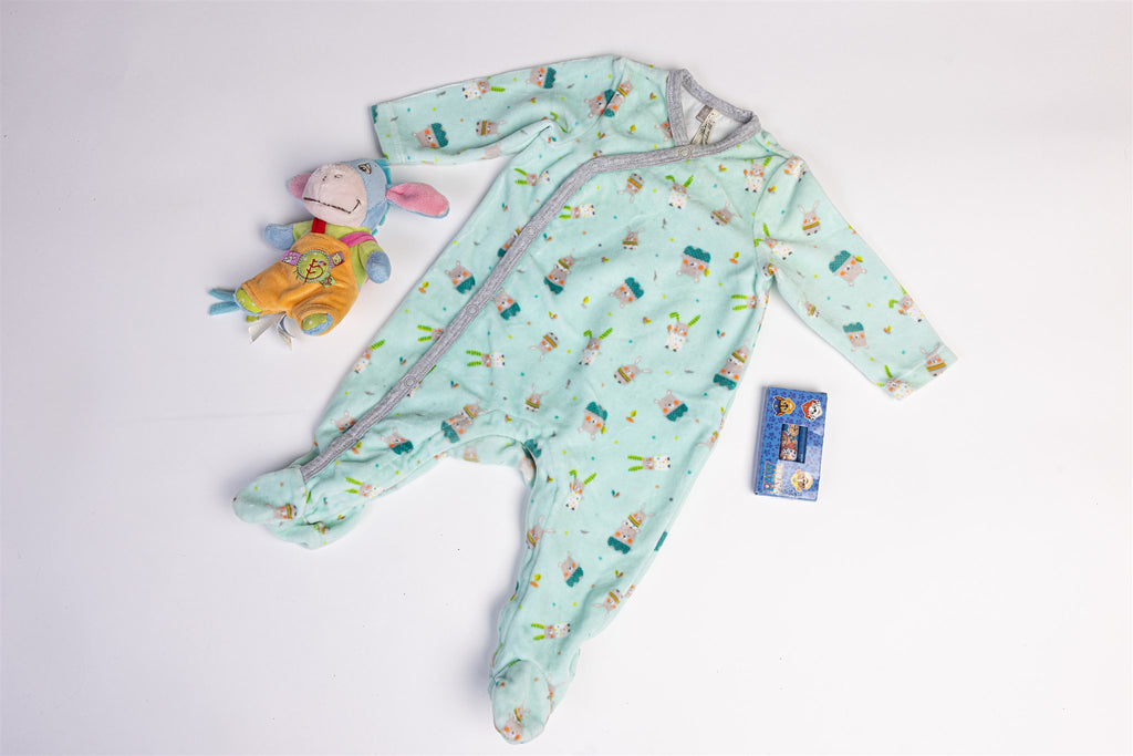 Mint velour effect sleepsuit with bunny and bear print