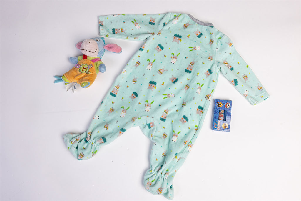 Mint velour effect sleepsuit with bunny and bear print