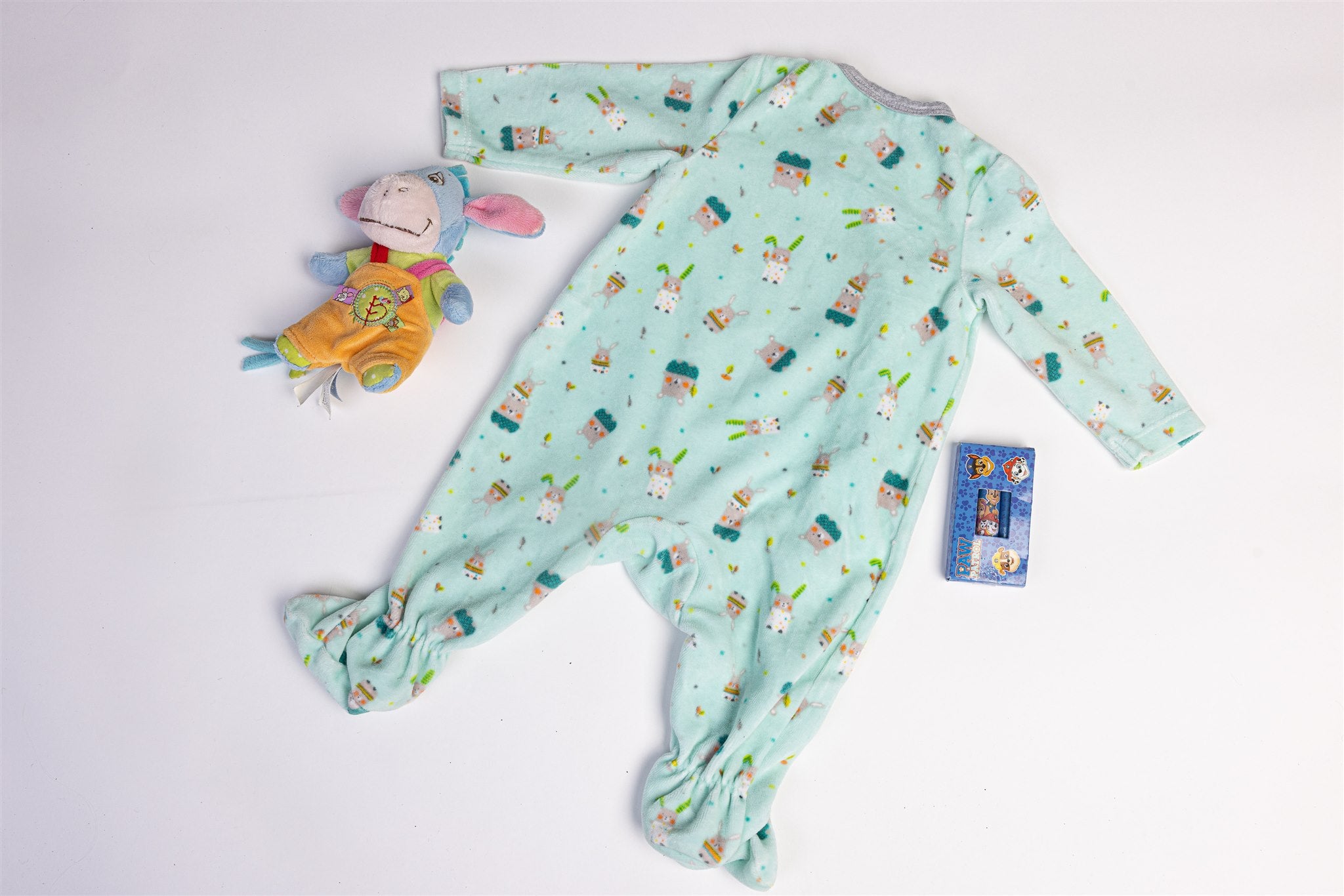 Mint velour effect sleepsuit with bunny and bear print