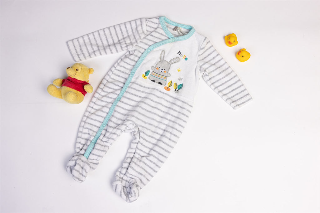 Striped velour sleepsuit with bunny "Hello"