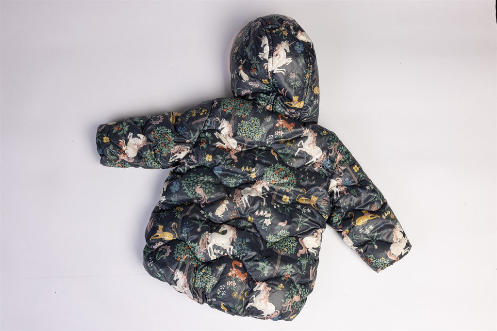 Coat with unicorns and forest print