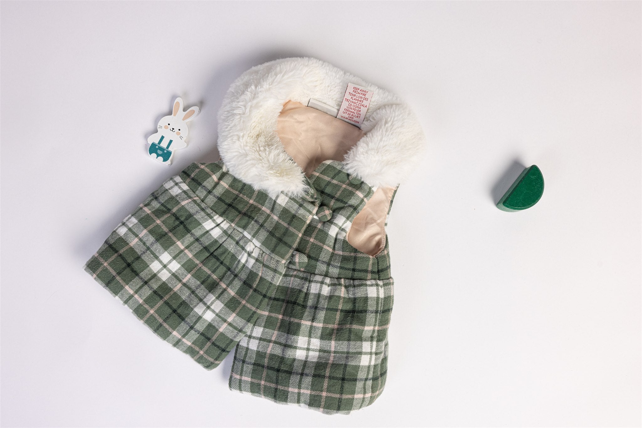 Checked faux fur collar coat