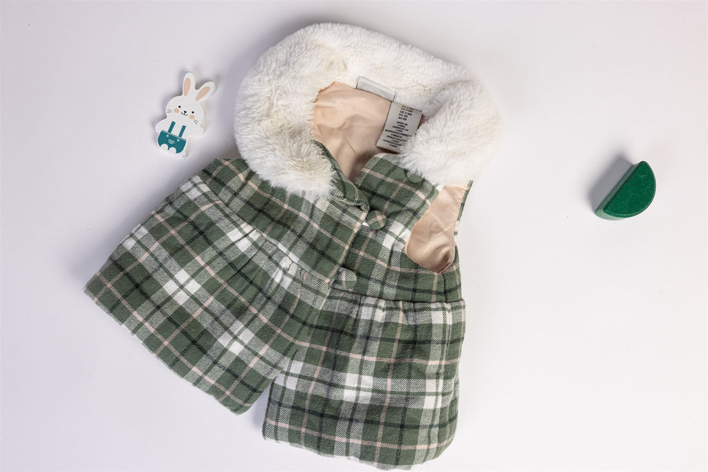 Checked faux fur collar coat