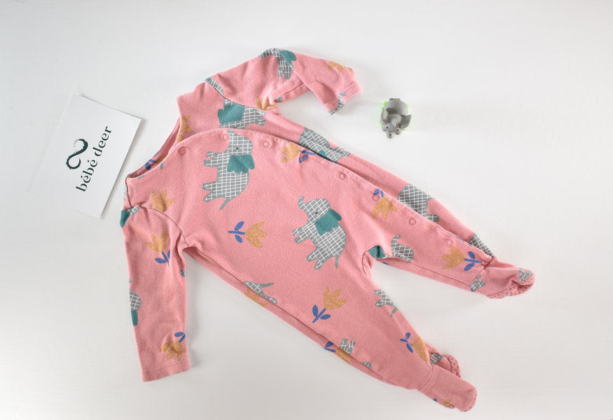 Pink sleepsuit elephant and leaf print
