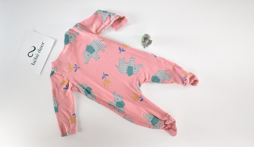 Pink sleepsuit elephant and leaf print