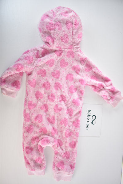 Pink fleece pramsuit with heart pattern