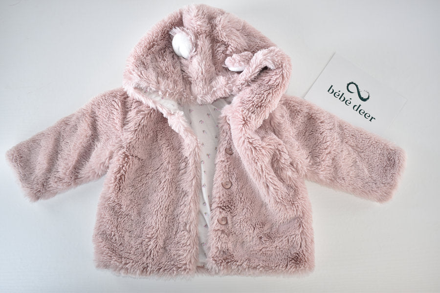 Pink faux fur hooded coat with ears