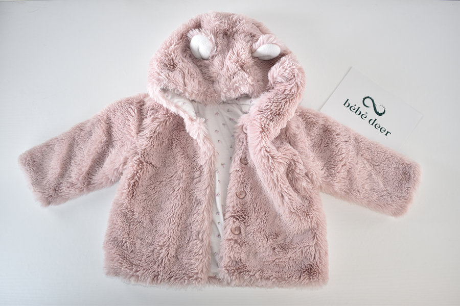 Pink faux fur hooded coat with ears