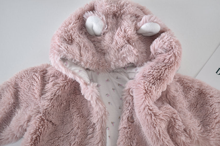 Pink faux fur hooded coat with ears