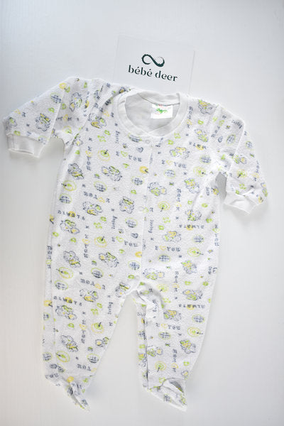 White terry cotton sleepsuit with elephant print