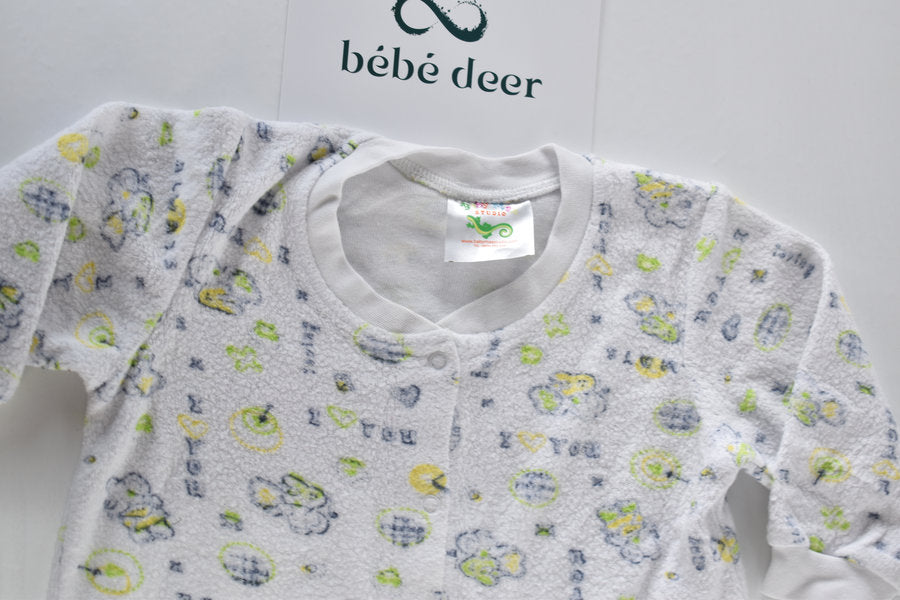 White terry cotton sleepsuit with elephant print