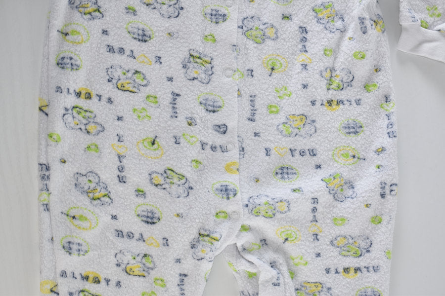 White terry cotton sleepsuit with elephant print