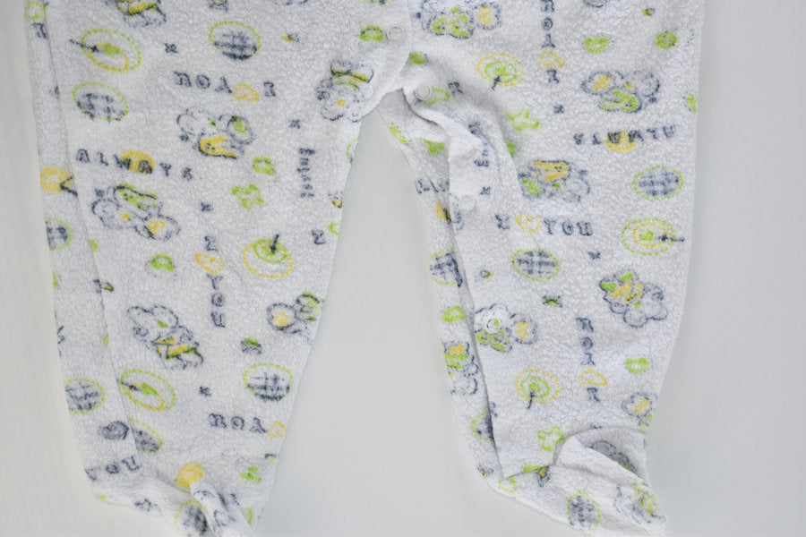 White terry cotton sleepsuit with elephant print