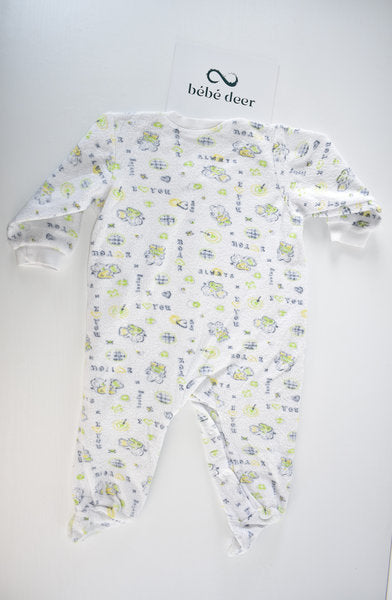 White terry cotton sleepsuit with elephant print