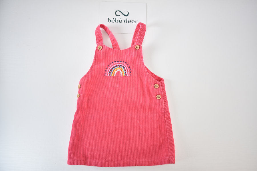 Pink cord pinafore dress with rainbow