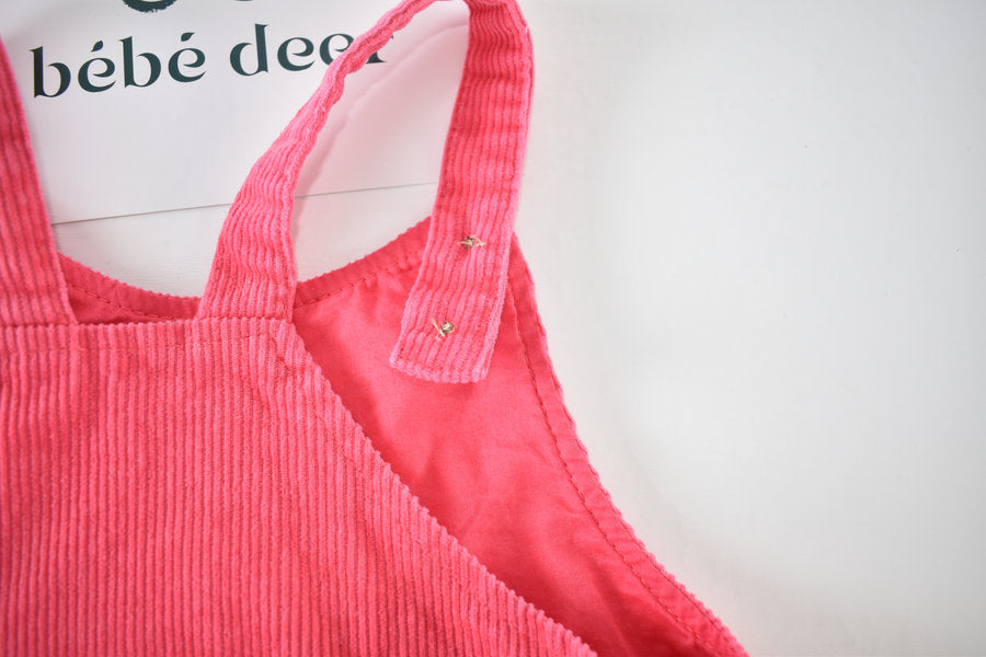 Pink cord pinafore dress with rainbow