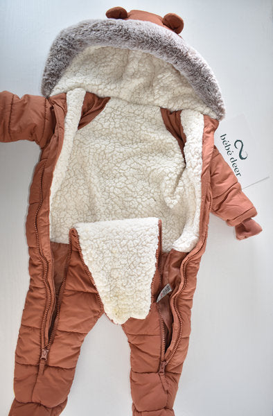 Terracotta padded pramsuit with bear ears