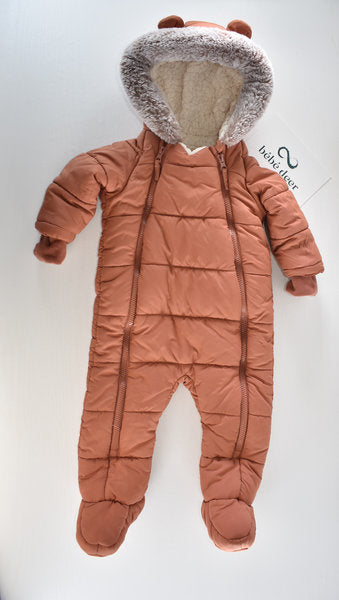 Terracotta padded pramsuit with bear ears