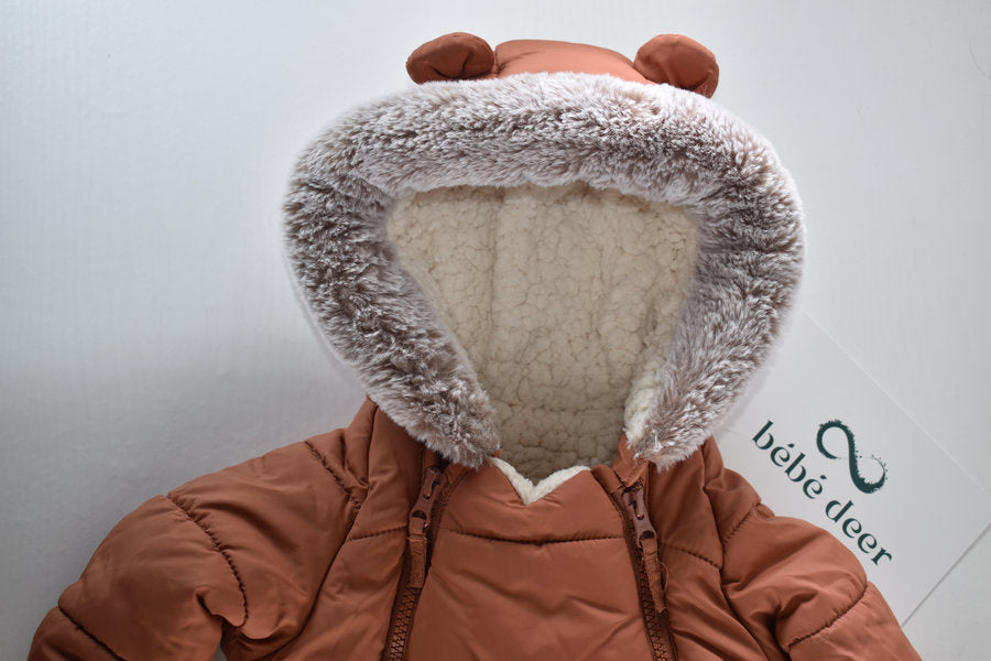 Terracotta padded pramsuit with bear ears
