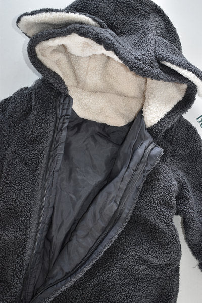 Charcoal teddy fleece pramsuit with fold-over mittens