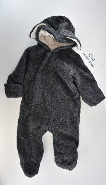 Charcoal teddy fleece pramsuit with fold-over mittens