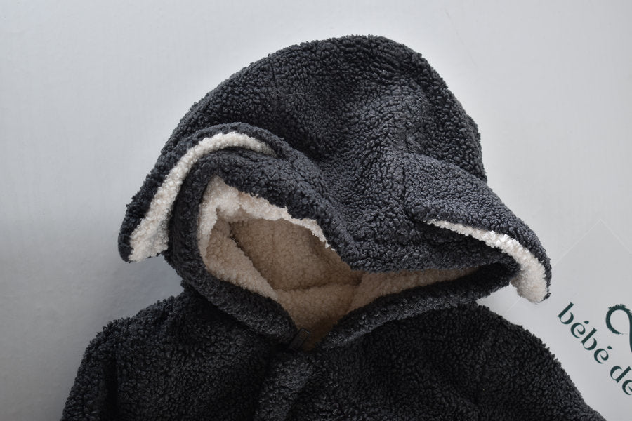 Charcoal teddy fleece pramsuit with fold-over mittens