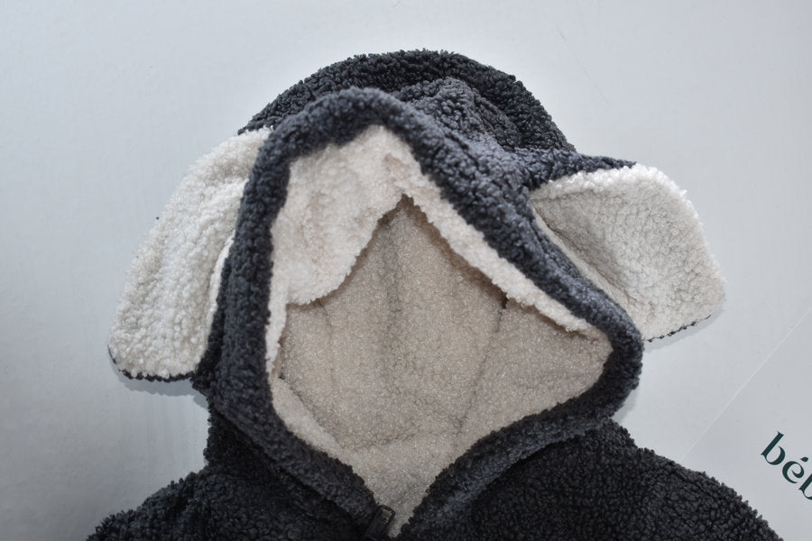 Charcoal teddy fleece pramsuit with fold-over mittens