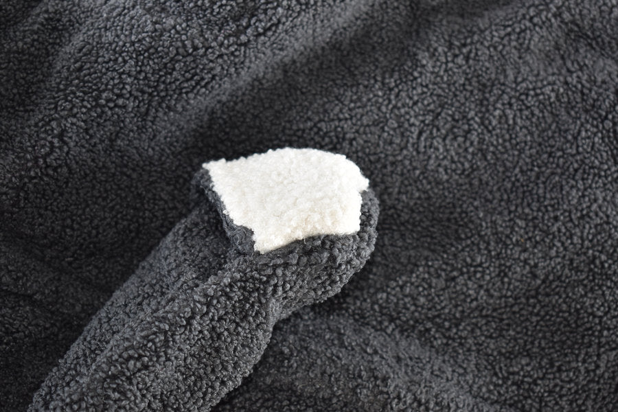 Charcoal teddy fleece pramsuit with fold-over mittens