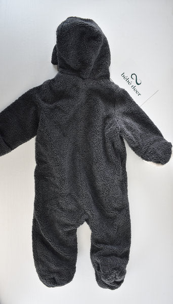 Charcoal teddy fleece pramsuit with fold-over mittens