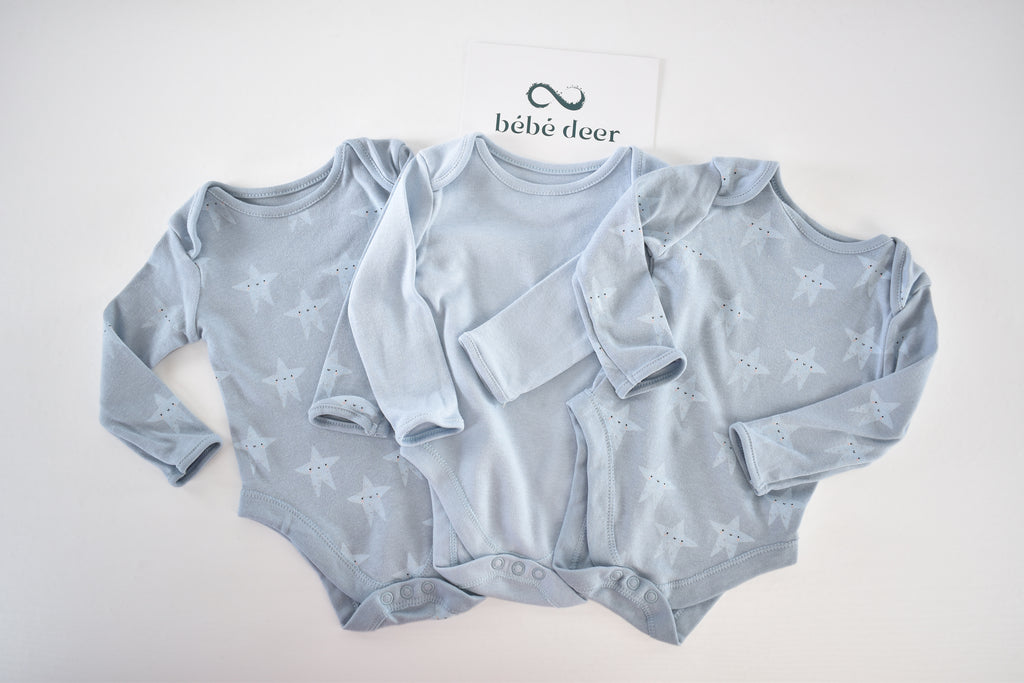 Blue 3-pack long-sleeved bodysuits