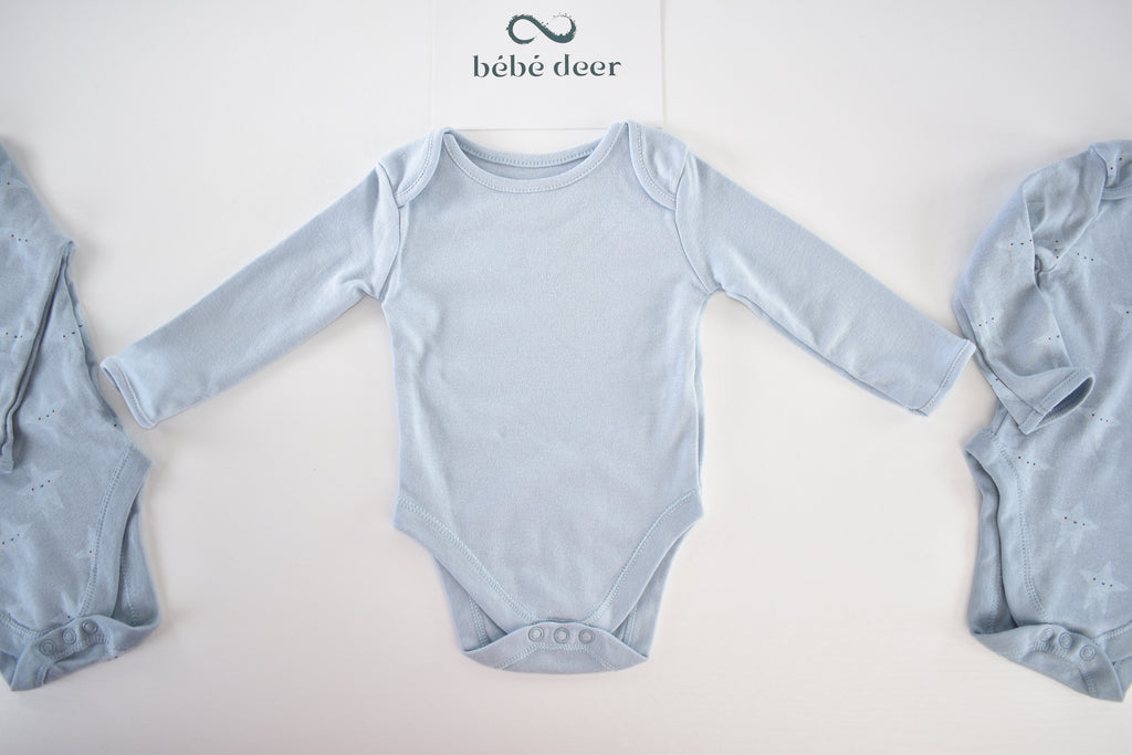 Blue 3-pack long-sleeved bodysuits
