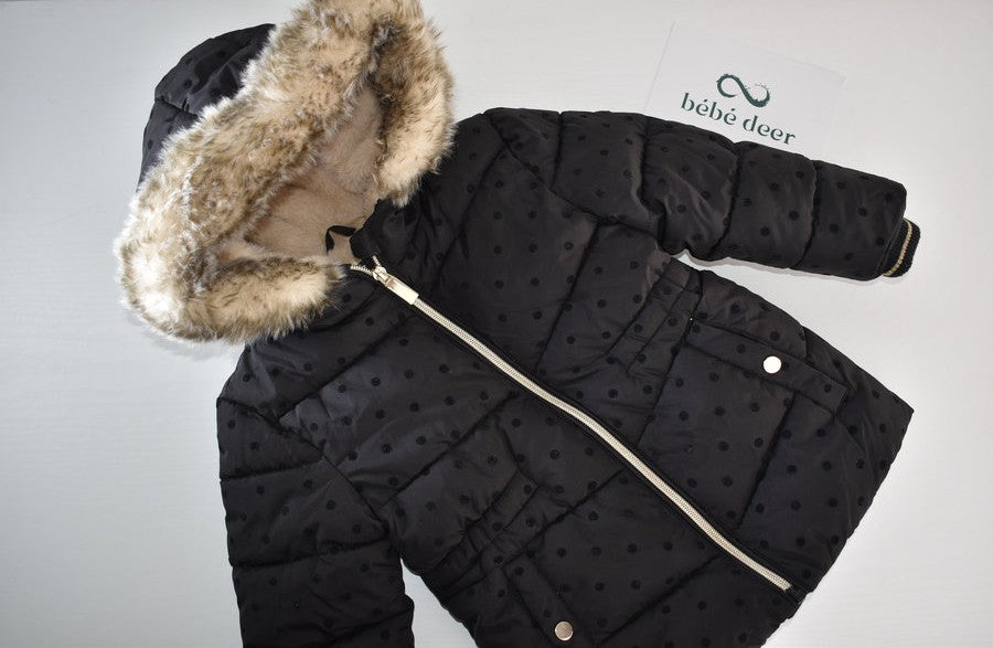 Black Polka Dot Winter Coat with Faux Fur Hood