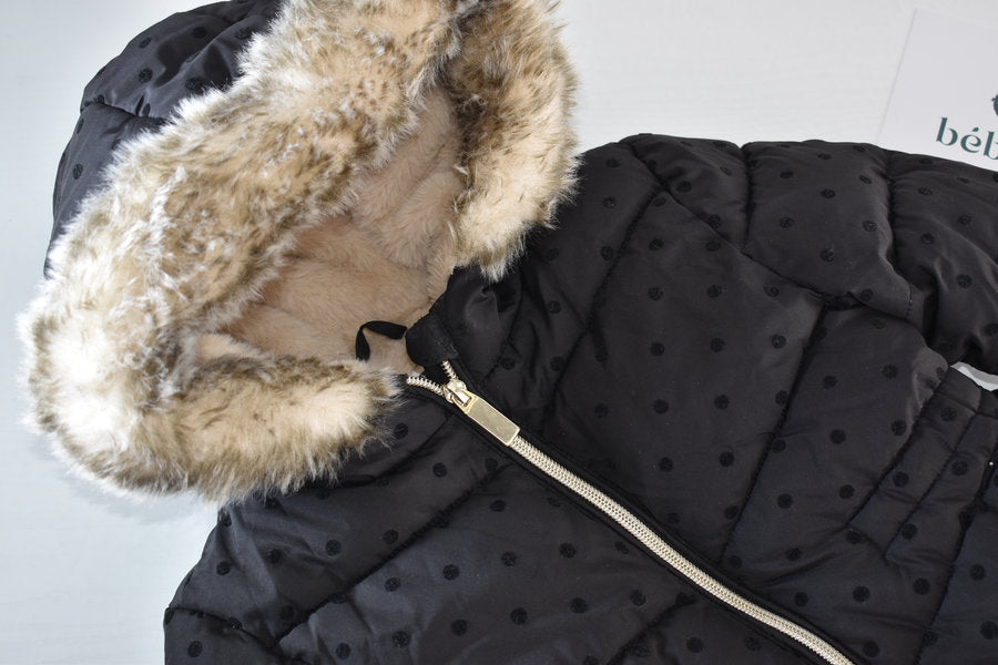 Black Polka Dot Winter Coat with Faux Fur Hood