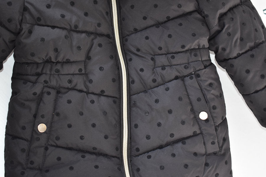 Black Polka Dot Winter Coat with Faux Fur Hood