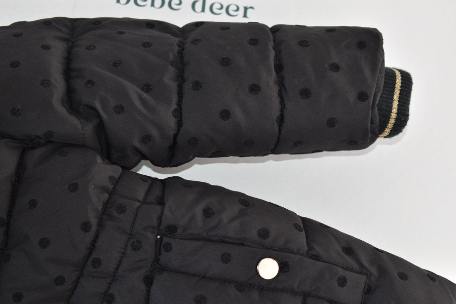 Black Polka Dot Winter Coat with Faux Fur Hood