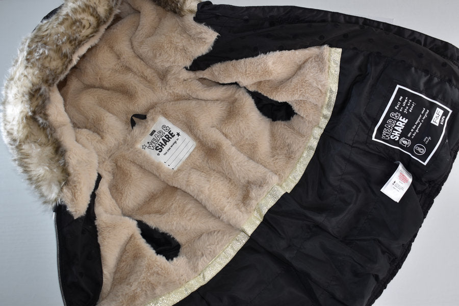 Black Polka Dot Winter Coat with Faux Fur Hood