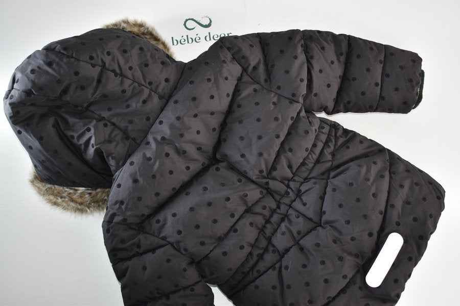 Black Polka Dot Winter Coat with Faux Fur Hood