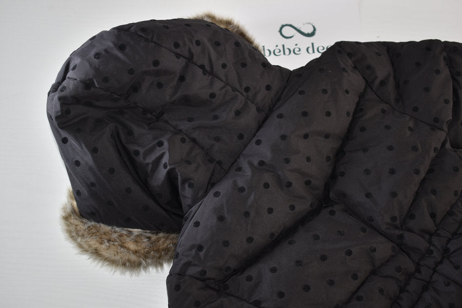 Black Polka Dot Winter Coat with Faux Fur Hood