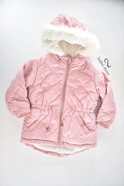Pink quilted hooded coat with faux fur trim