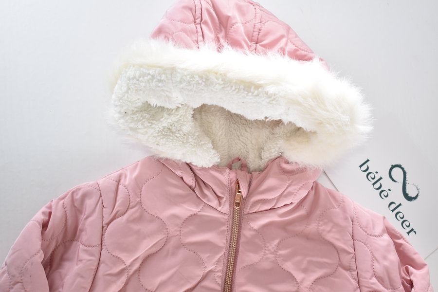 Pink quilted hooded coat with faux fur trim