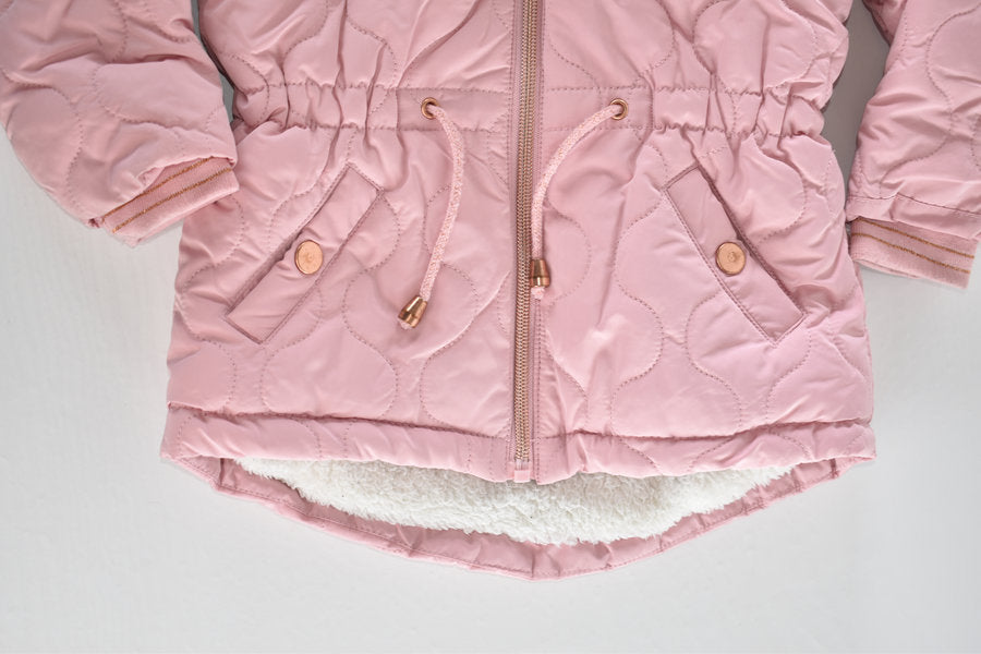 Pink quilted hooded coat with faux fur trim