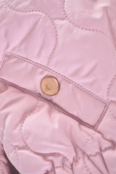 Pink quilted hooded coat with faux fur trim