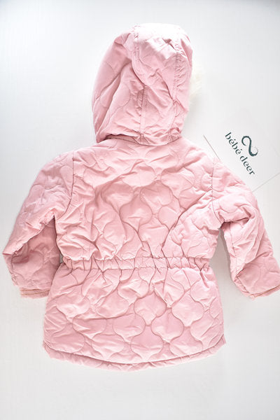 Pink quilted hooded coat with faux fur trim