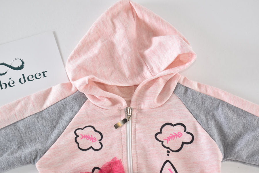 Cat print zip-up hoodie