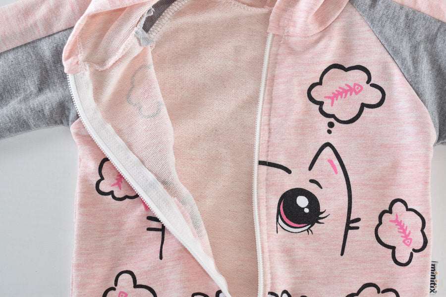 Cat print zip-up hoodie